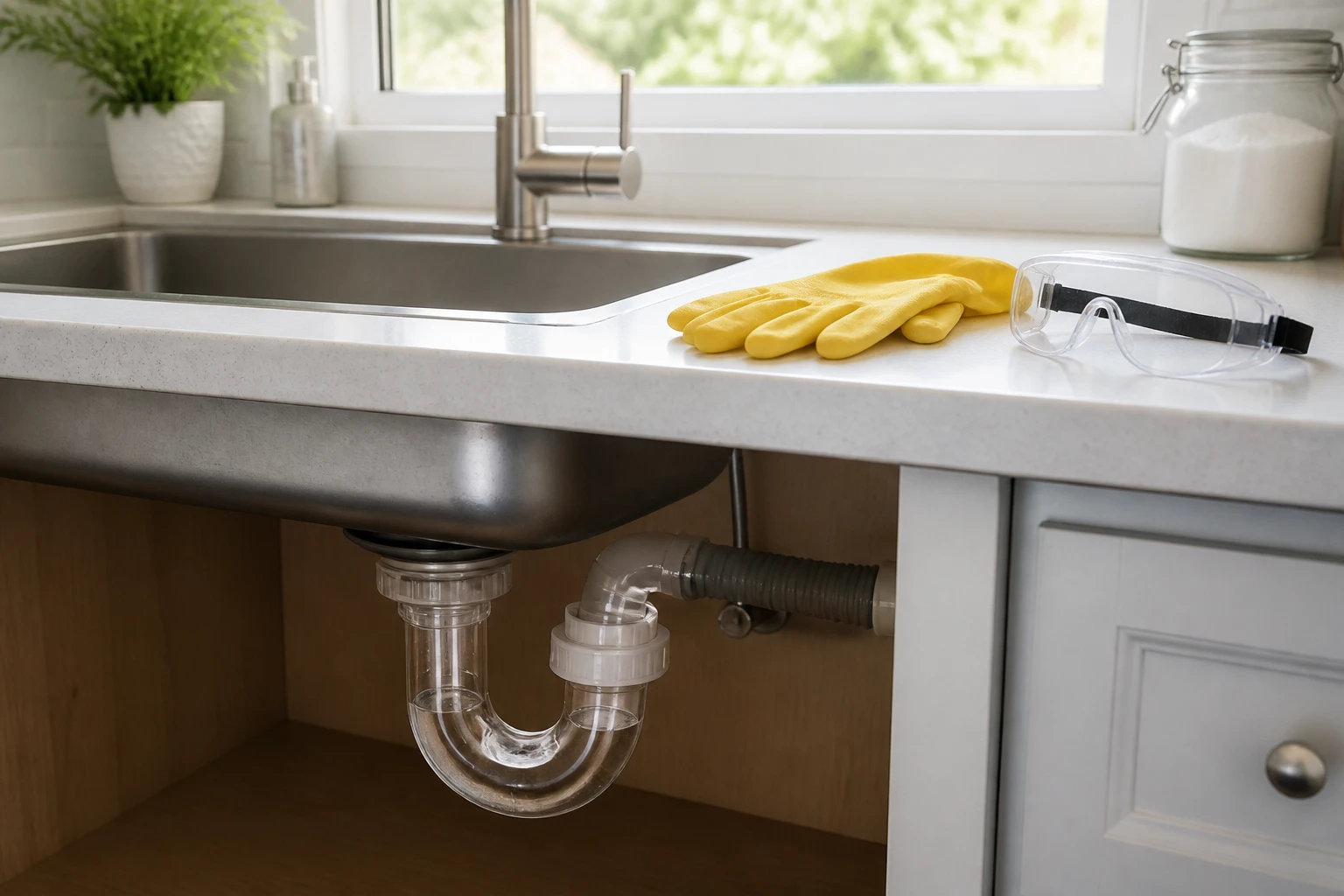 Siphon de cuisine avec gants de protection et lunettes posés sur le plan de travail avant une intervention chimique