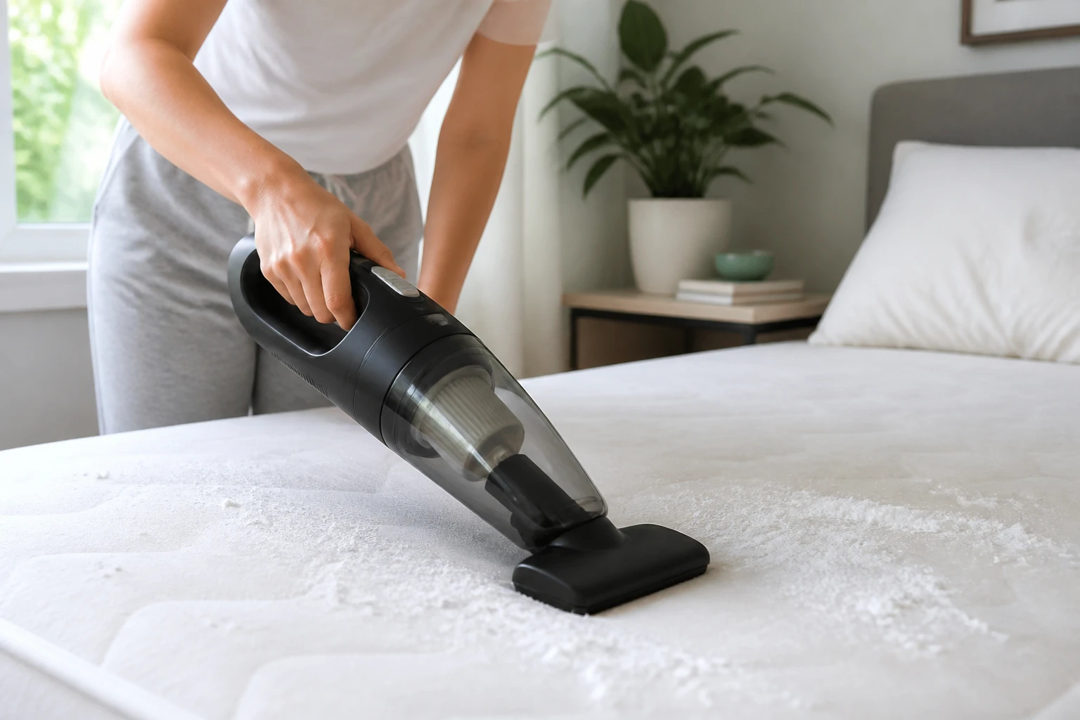 Nettoyage d'un matelas blanc avec aspirateur et bicarbonate de soude dans une chambre lumineuse