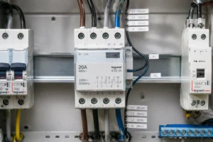 Contacteur jour nuit triphasé installé sur rail DIN dans un tableau électrique résidentiel