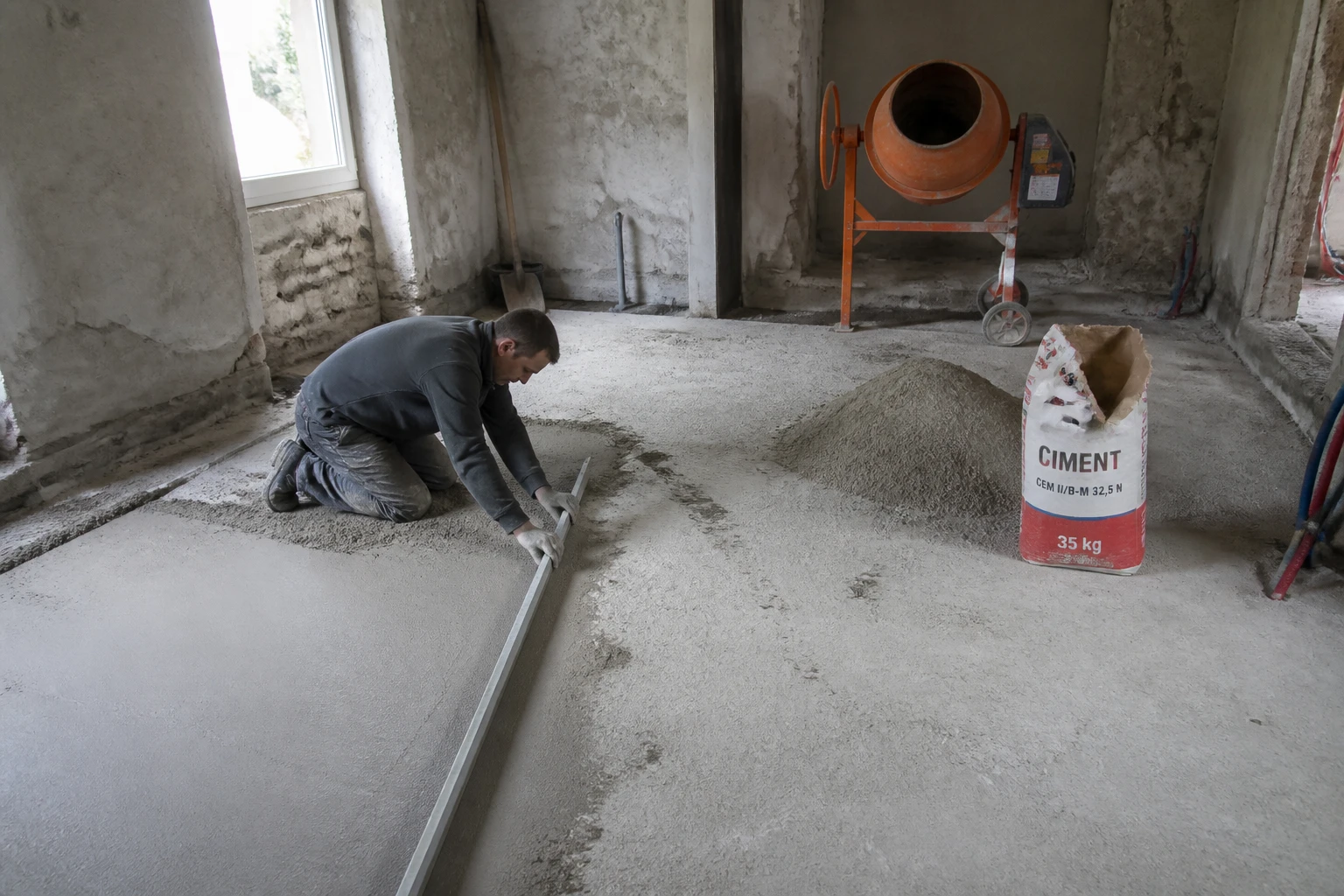 Artisan tirant une chape maigre à la règle alu sur dalle béton, sac de ciment et sable visibles