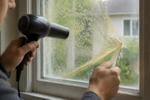 Retrait d'un film protecteur vieilli sur une vitre avec grattoir plastique et sèche-cheveux