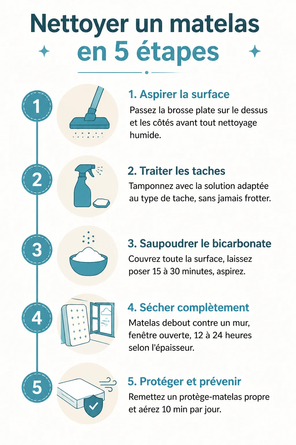 Nettoyer un matelas en 5 étapes : 1. Aspirer la surface, 2. Traiter les taches, 3. Saupoudrer le bicarbonate, 4. Sécher complètement, 5. Protéger et prévenir