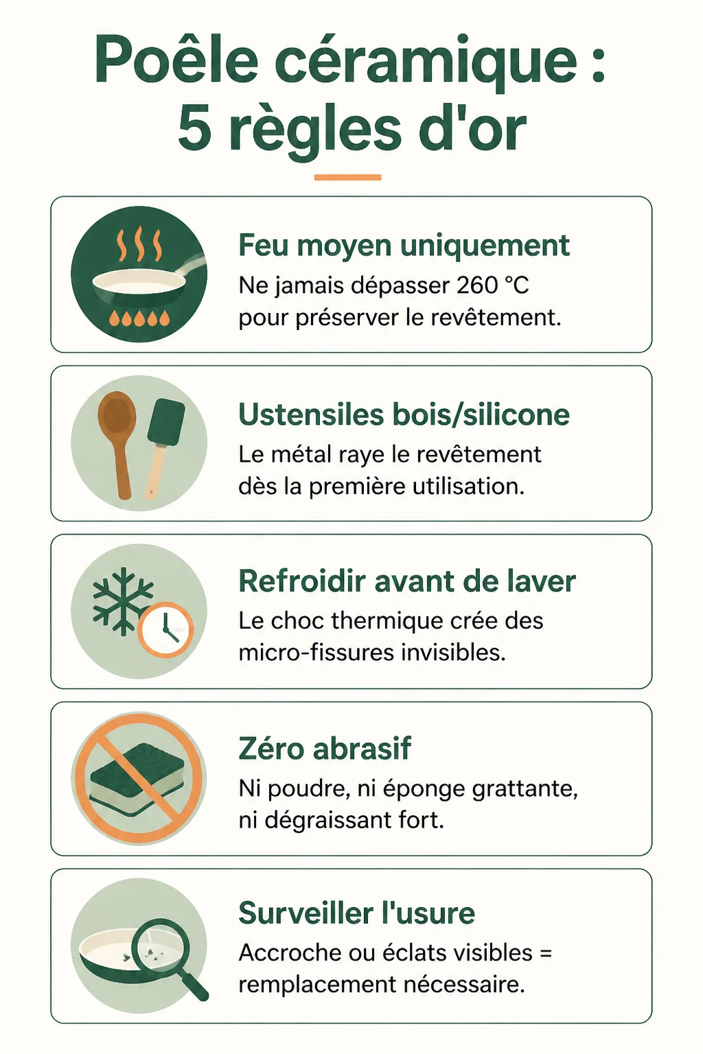 Poêle céramique : 5 règles d'or : Feu moyen uniquement, Ustensiles bois/silicone, Refroidir avant de laver, Zéro abrasif, Surveiller l'usure
