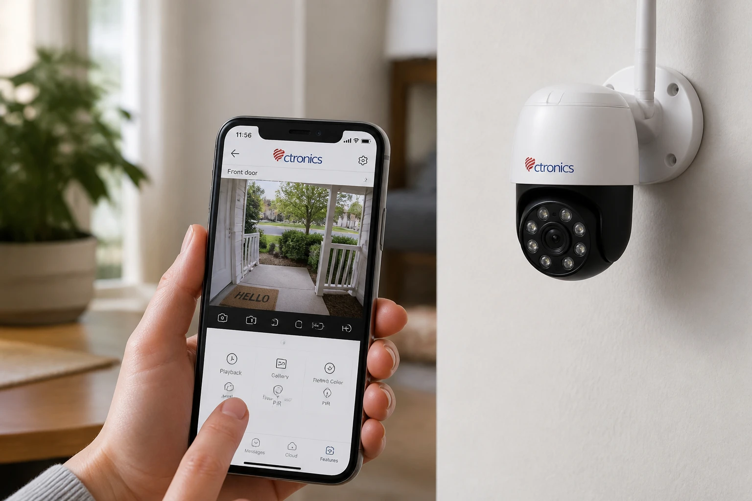 Main tenant un smartphone avec l'application de caméra Ctronics, caméra Wi-Fi fixée au mur en arrière-plan