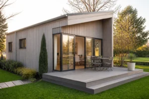 Petite maison bois clé en main avec bardage naturel et terrasse, jardin ensoleillé