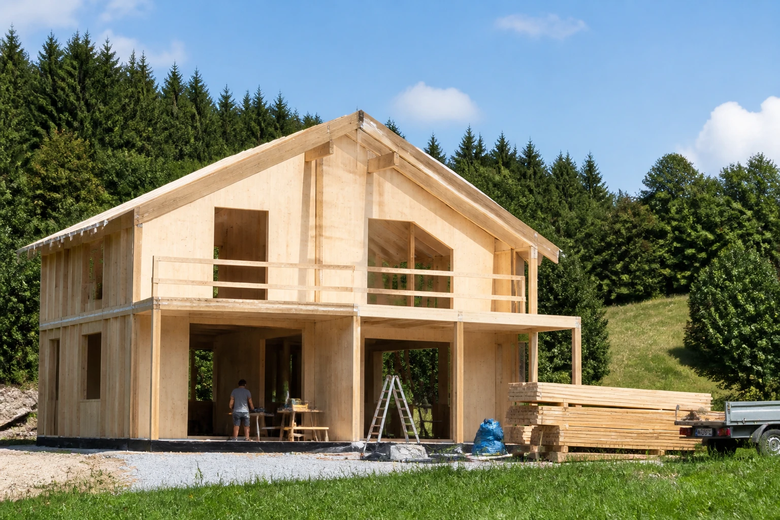 Structure en ossature bois d'une maison en kit roumaine en cours de montage sur chantier