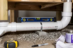 Tuyaux PVC d'évacuation WC posés en pente sous plancher salle de bain avec niveau à bulle