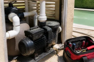 Pompe de piscine domestique posée à côté du filtre dans un local technique extérieur en été