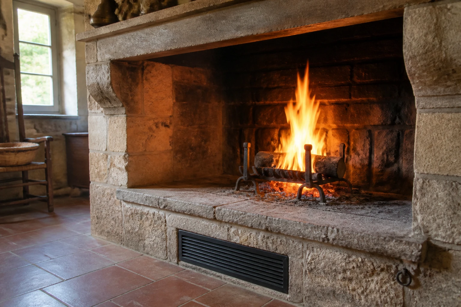 Grille de prise d'air au bas d'un foyer ouvert en pierre, intérieur rustique éclairé par les flammes