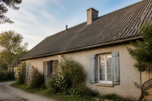 Toiture ancienne en fibrociment gris d'une maison française, potentiellement amiantée, vue de l'extérieur