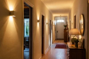 Couloir de maison éclairé par plusieurs appliques murales espacées régulièrement