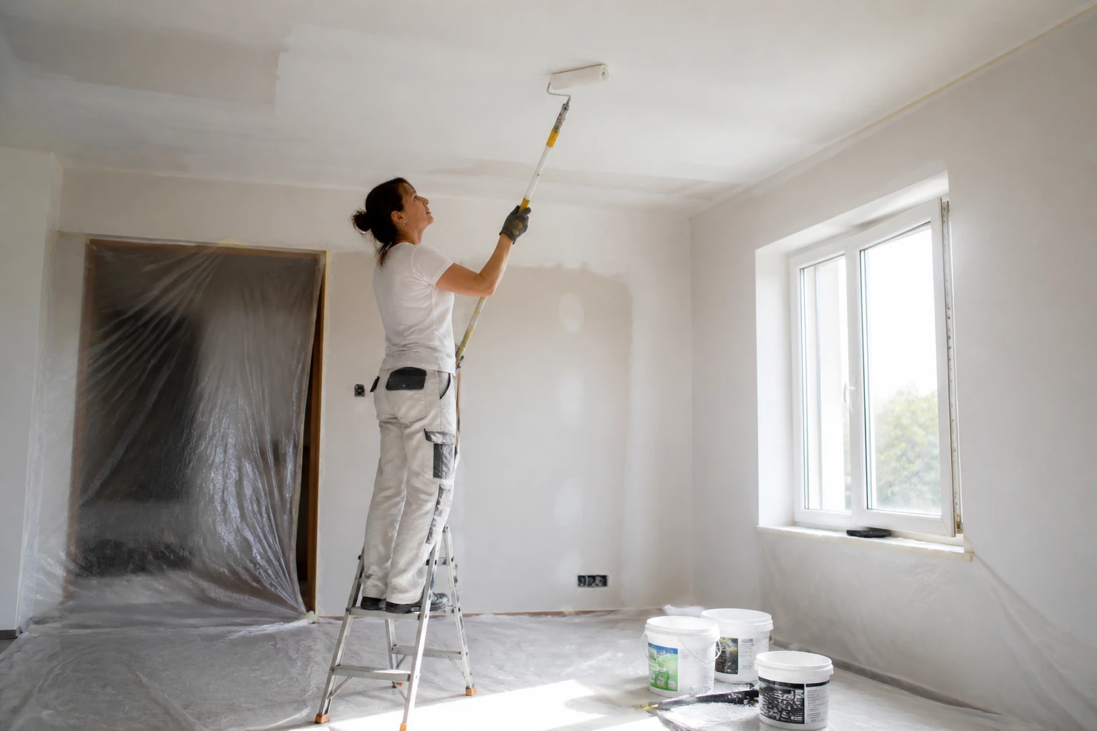 Application de peinture mate blanche au rouleau sur un plafond avec manche télescopique