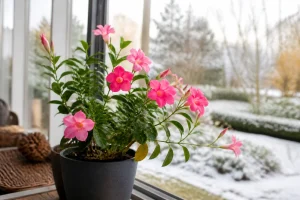 Dipladénia en pot installé dans une véranda lumineuse pendant l'hivernage, feuillage vert et fleurs roses
