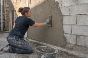 Application d'un enduit de ciment à la taloche sur un mur en parpaing lors d'un chantier de rénovation