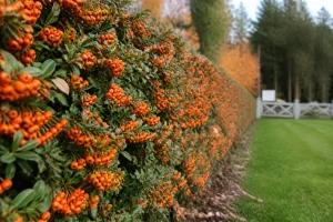 Haie de pyracantha dense couverte de baies orange en bordure de jardin