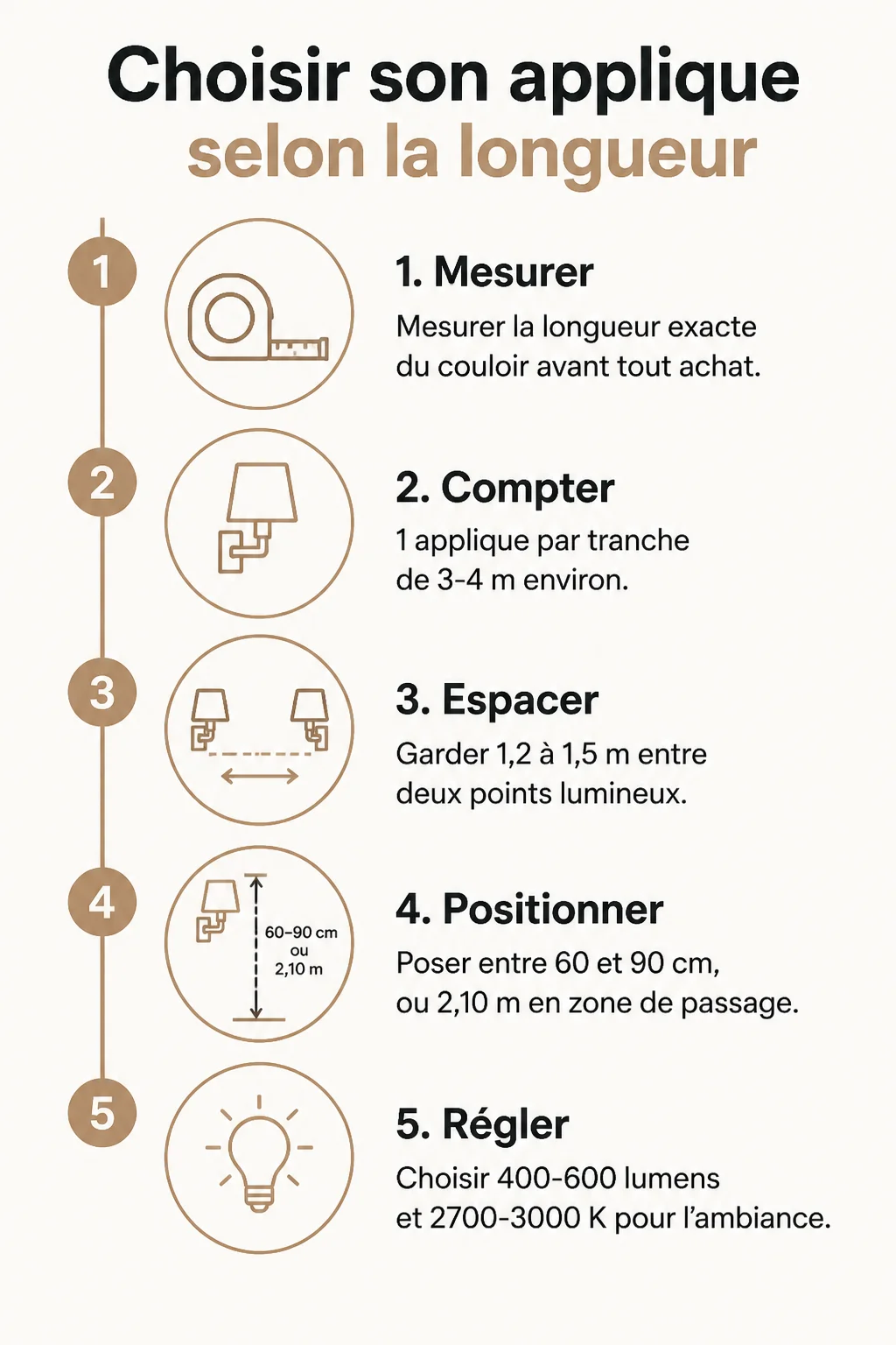 Choisir son applique selon la longueur : 1. Mesurer, 2. Compter, 3. Espacer, 4. Positionner, 5. Régler