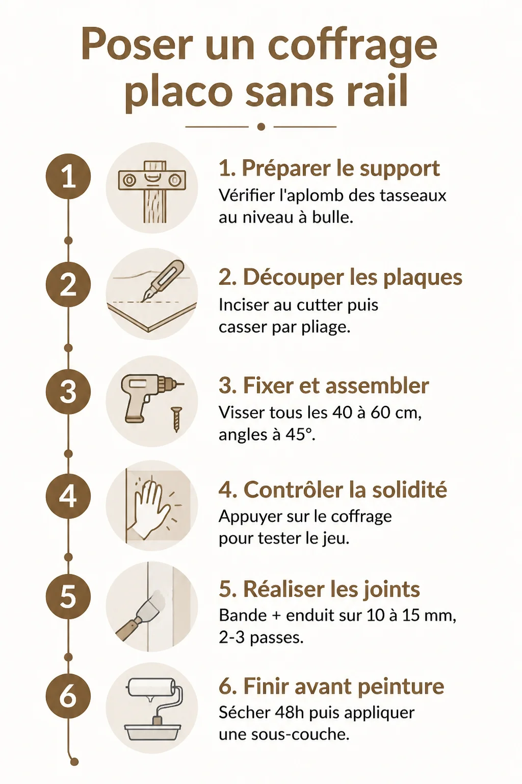 Poser un coffrage placo sans rail : 1. Préparer le support, 2. Découper les plaques, 3. Fixer et assembler, 4. Contrôler la solidité, 5. Réaliser les joints, 6. Finir avant peinture