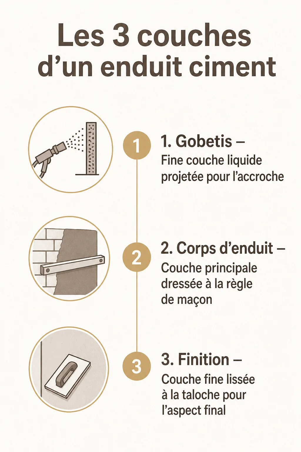 Les 3 couches d'un enduit ciment : 1. Gobetis, 2. Corps d'enduit, 3. Finition