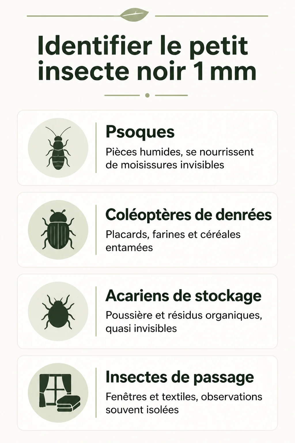 Identifier le petit insecte noir 1 mm : Psoques, Coléoptères de denrées, Acariens de stockage, Insectes de passage