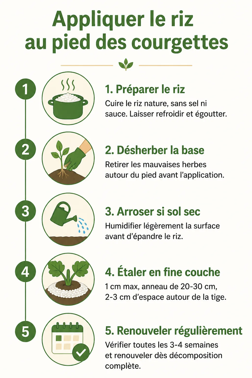 Appliquer le riz au pied des courgettes : 1. Préparer le riz, 2. Désherber la base, 3. Arroser si sol sec, 4. Étaler en fine couche, 5. Renouveler régulièrement