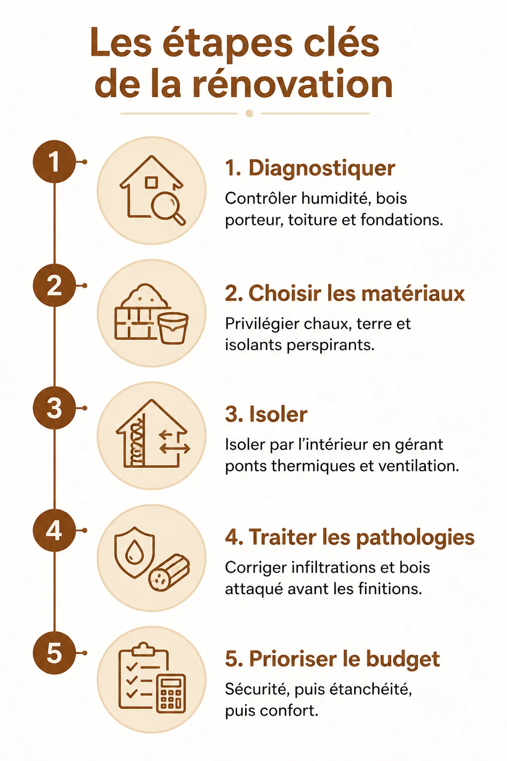 Les étapes clés de la rénovation : 1. Diagnostiquer, 2. Choisir les matériaux, 3. Isoler, 4. Traiter les pathologies, 5. Prioriser le budget