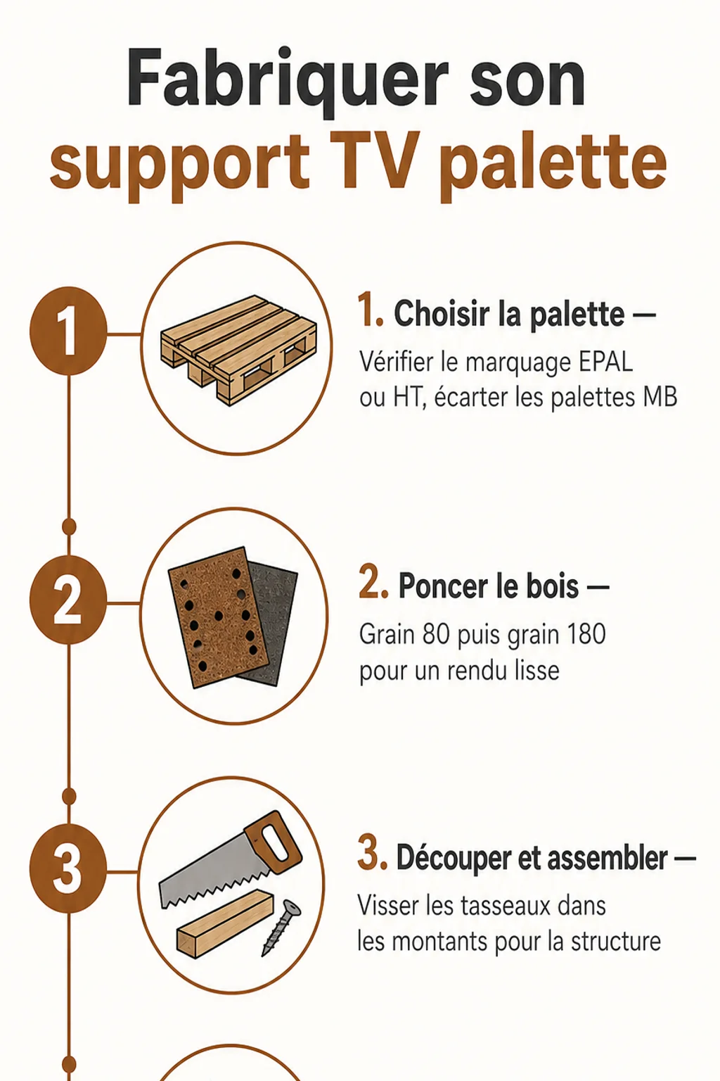 Fabriquer son support TV palette : 1. Choisir la palette, 2. Poncer le bois, 3. Découper et assembler, 4. Fixer en sécurité, 5. Appliquer la finition