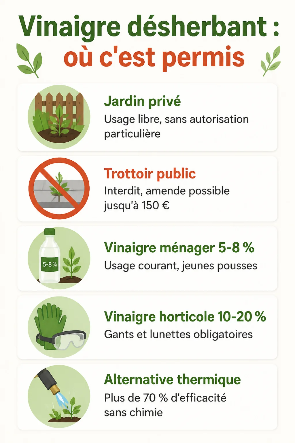 Vinaigre désherbant : où c'est permis : Jardin privé, Trottoir public, Vinaigre ménager 5-8 %, Vinaigre horticole 10-20 %, Alternative thermique