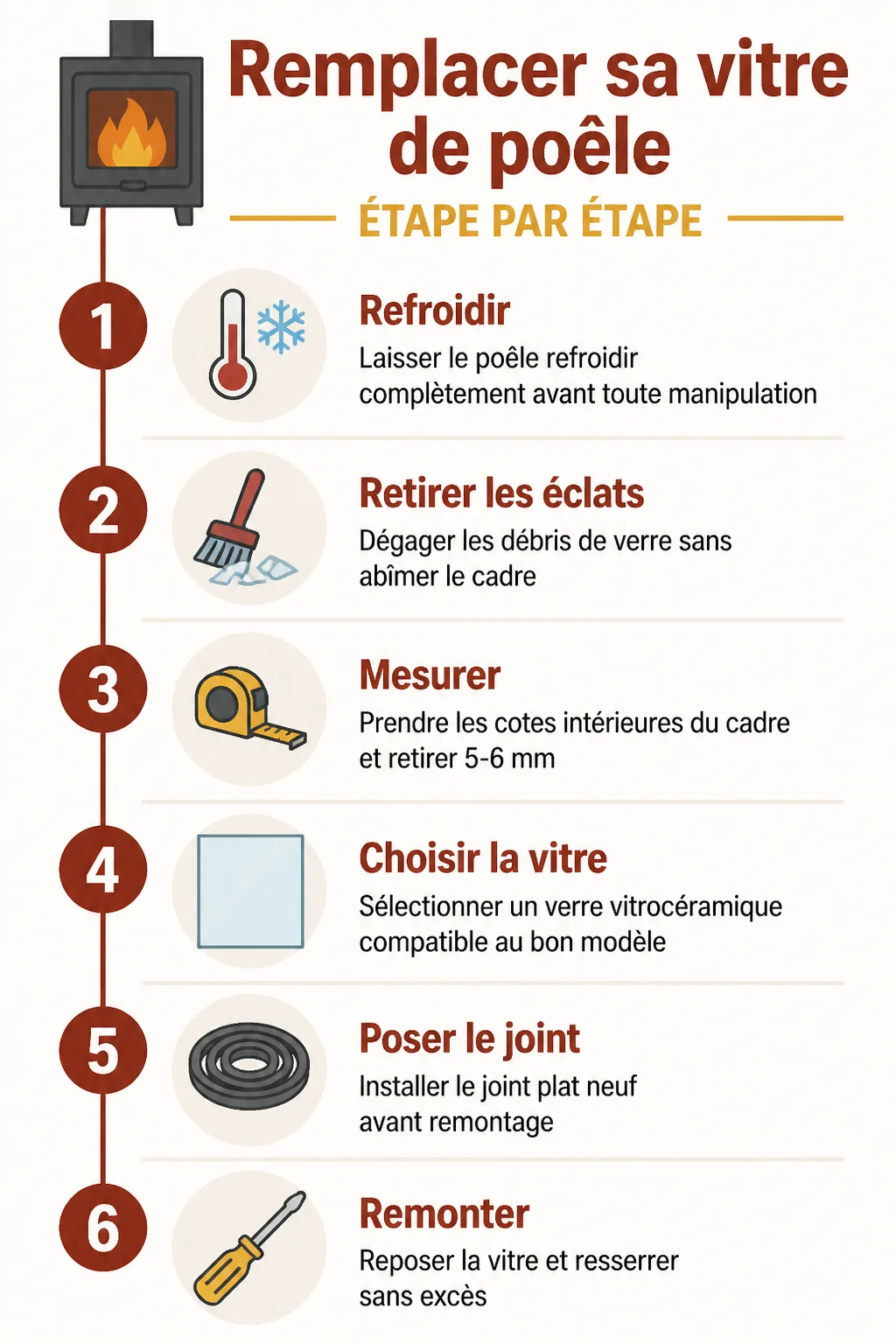 Remplacer sa vitre de poêle étape par étape : 1. Refroidir, 2. Retirer les éclats, 3. Mesurer, 4. Choisir la vitre, 5. Poser le joint, 6. Remonter