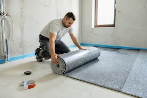 Pose d'une sous-couche isolante phonique sur un sol en béton avant parquet