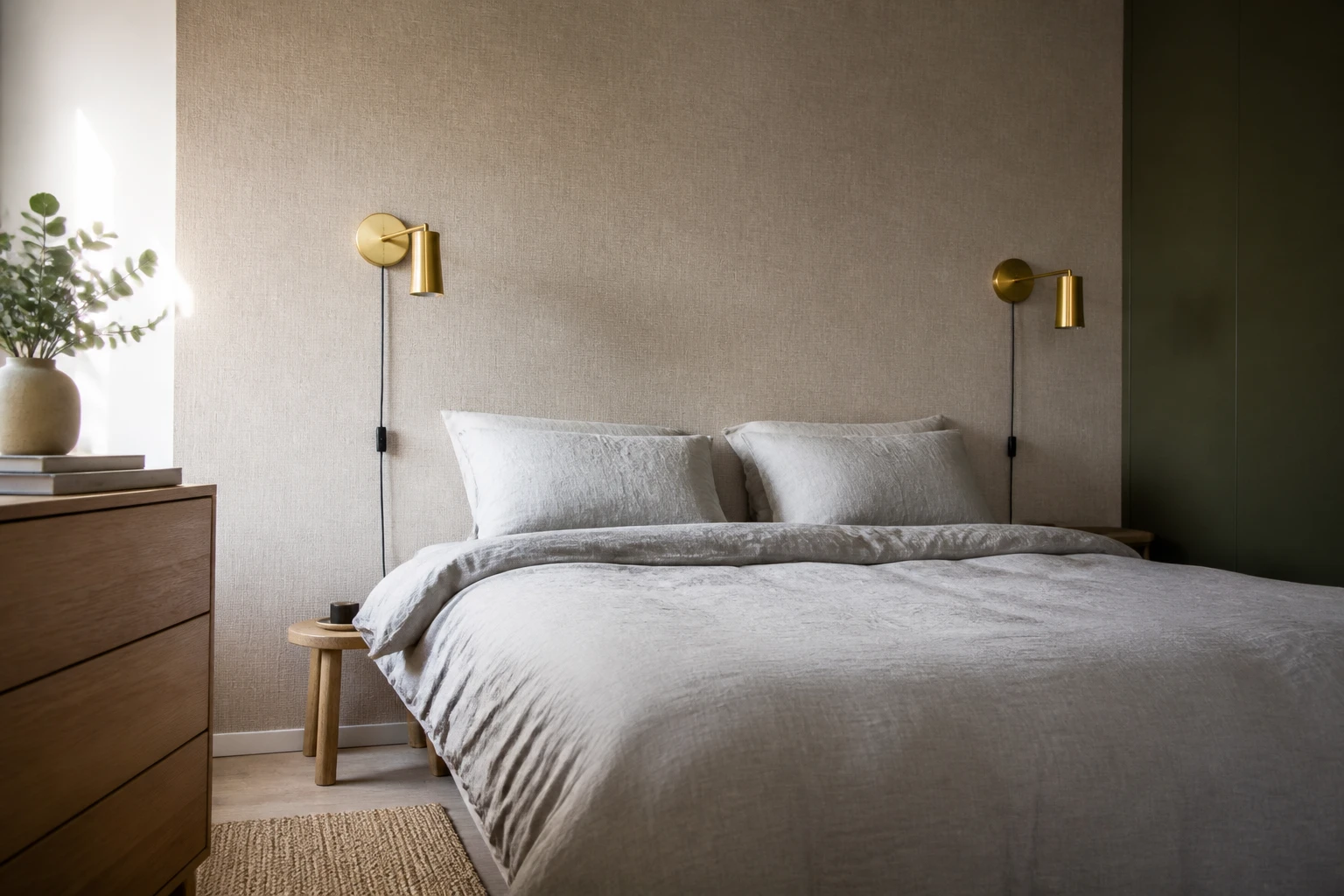 Chambre avec tête de lit en papier peint effet lin beige texturé, lit double et appliques dorées symétriques