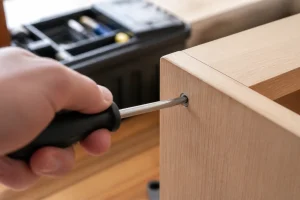 Tournevis plat inséré dans une vis à empreinte hexagonale sur un meuble en bois
