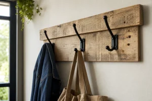 Porte-manteau mural en bois de palette avec patères noires dans une entrée de maison lumineuse