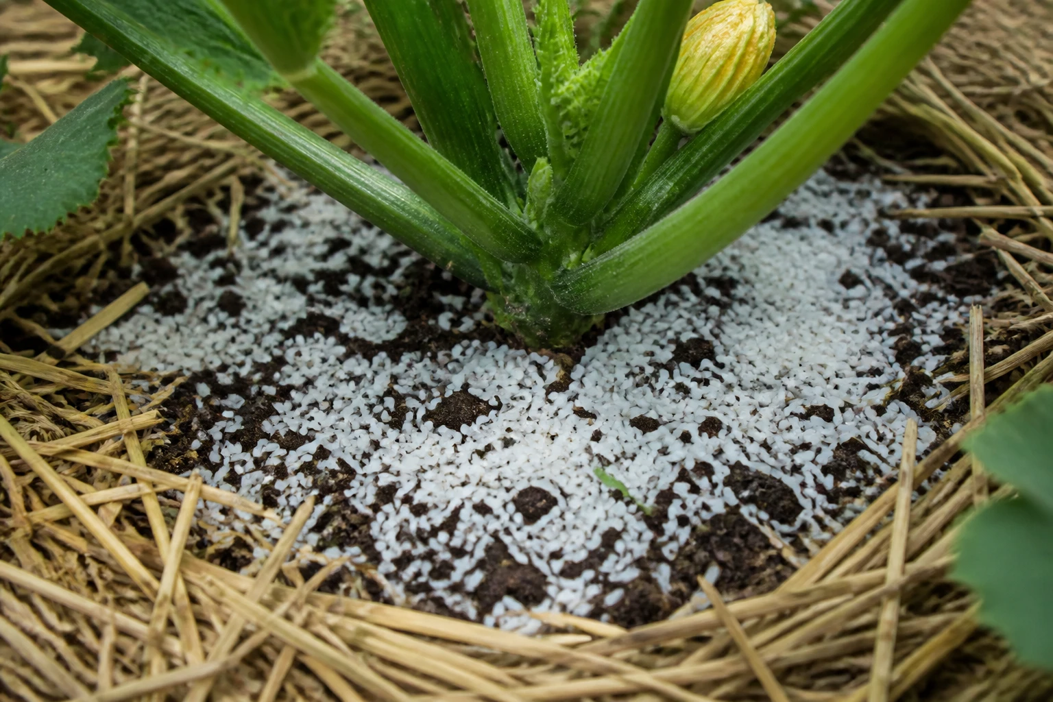 Fine couche de riz cuit épandue autour du pied d'un plant de courgette dans un potager