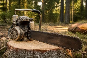 Tronçonneuse thermique vintage posée sur une souche dans une forêt, illustrant l'histoire de son invention