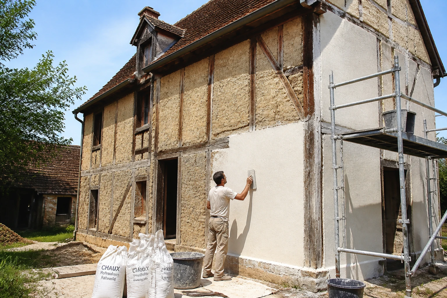 Rénovation d'une maison à colombages avec reprise d'enduit à la chaux sur pans de bois