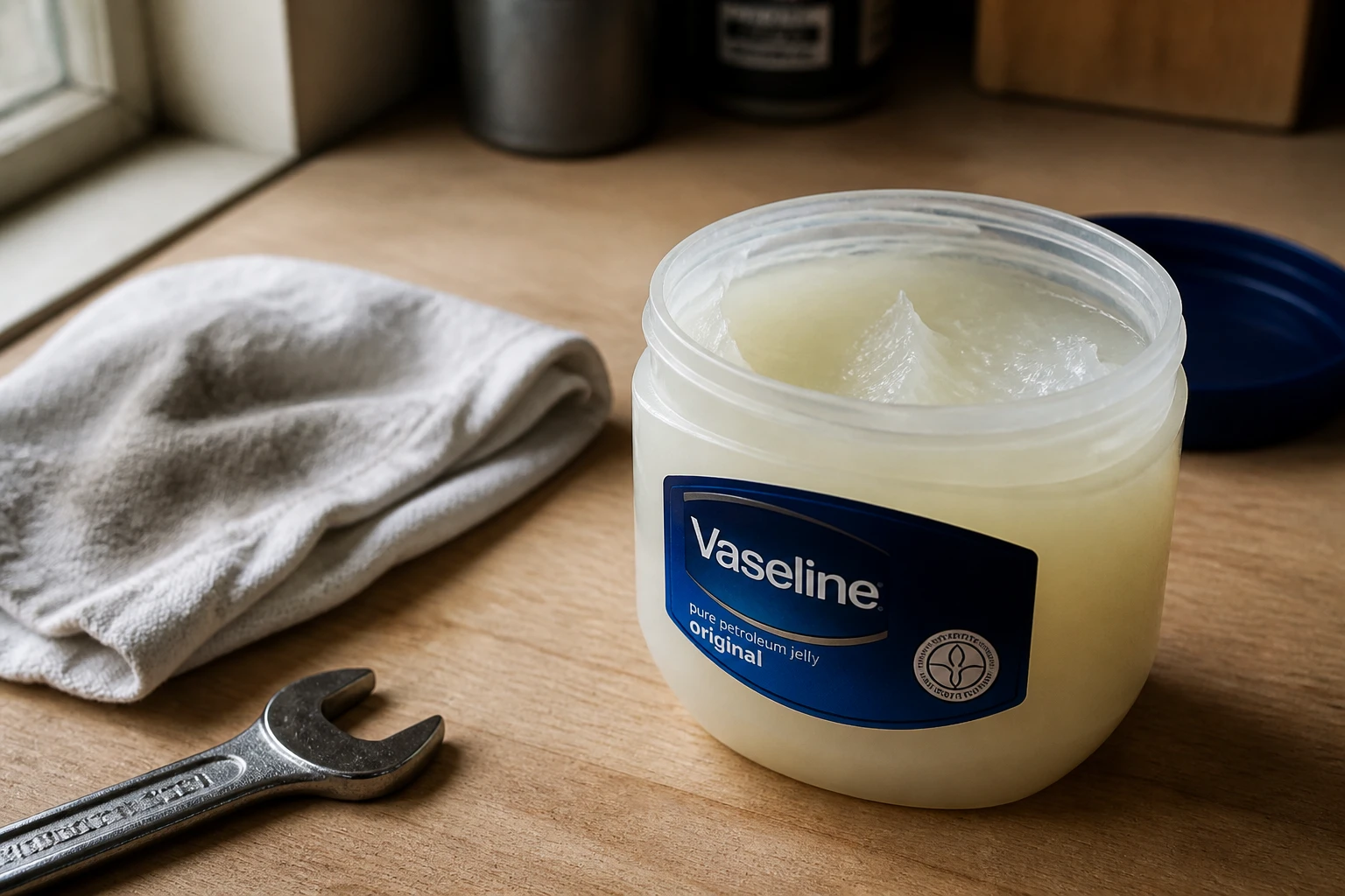 Pot de vaseline ouvert sur un établi en bois à côté d'un chiffon et d'une clé plate