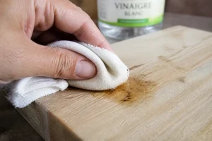 Main nettoyant une tache de résine sur du bois avec un chiffon imbibé de vinaigre blanc