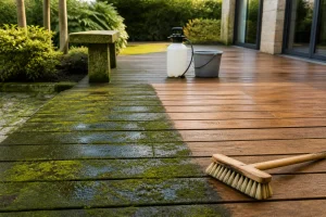 Terrasse en bois avec mousse d'un côté et zone nettoyée de l'autre, balai-brosse et pulvérisateur au sol