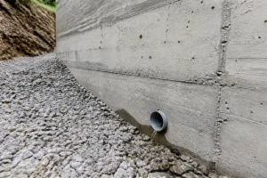 Barbacane en tube PVC insérée à la base d'un mur de soutènement en béton avec gravier drainant