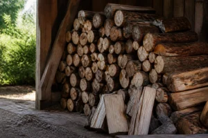 Stère de bûches de bois de chauffage empilées dans une remise, lumière naturelle