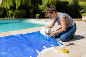 Femme cousant une bâche à bulle bleue au bord d'une piscine avec une machine à coudre portable