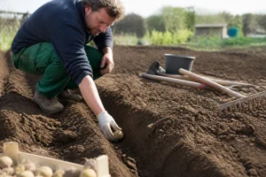 Jardinier plaçant un plant de pomme de terre germé dans un sillon de terre pour la plantation