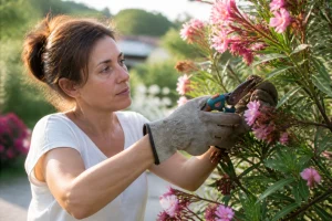 Femme portant des gants qui taille les tiges fleuries d'un laurier-rose au sécateur dans un jardin