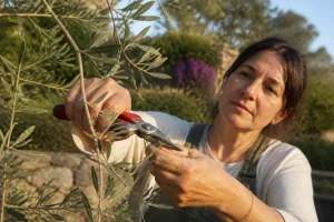 Femme taillant les branches d'un olivier avec un sécateur dans un jardin ensoleillé