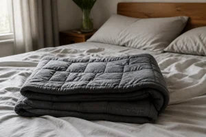 Couverture lestée grise pliée sur un lit dans une chambre lumineuse