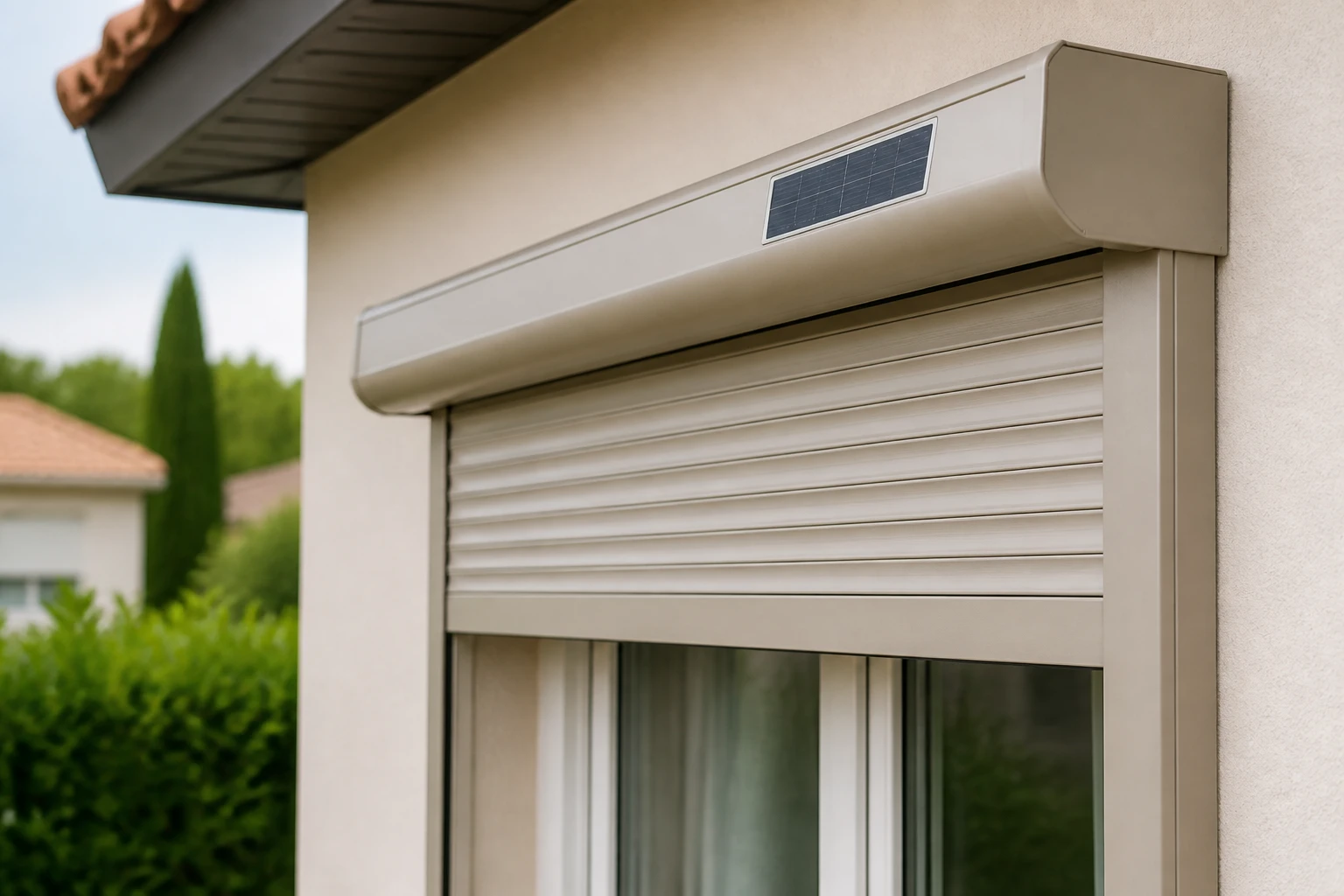 Volet roulant solaire avec panneau photovoltaïque intégré installé au-dessus d'une fenêtre