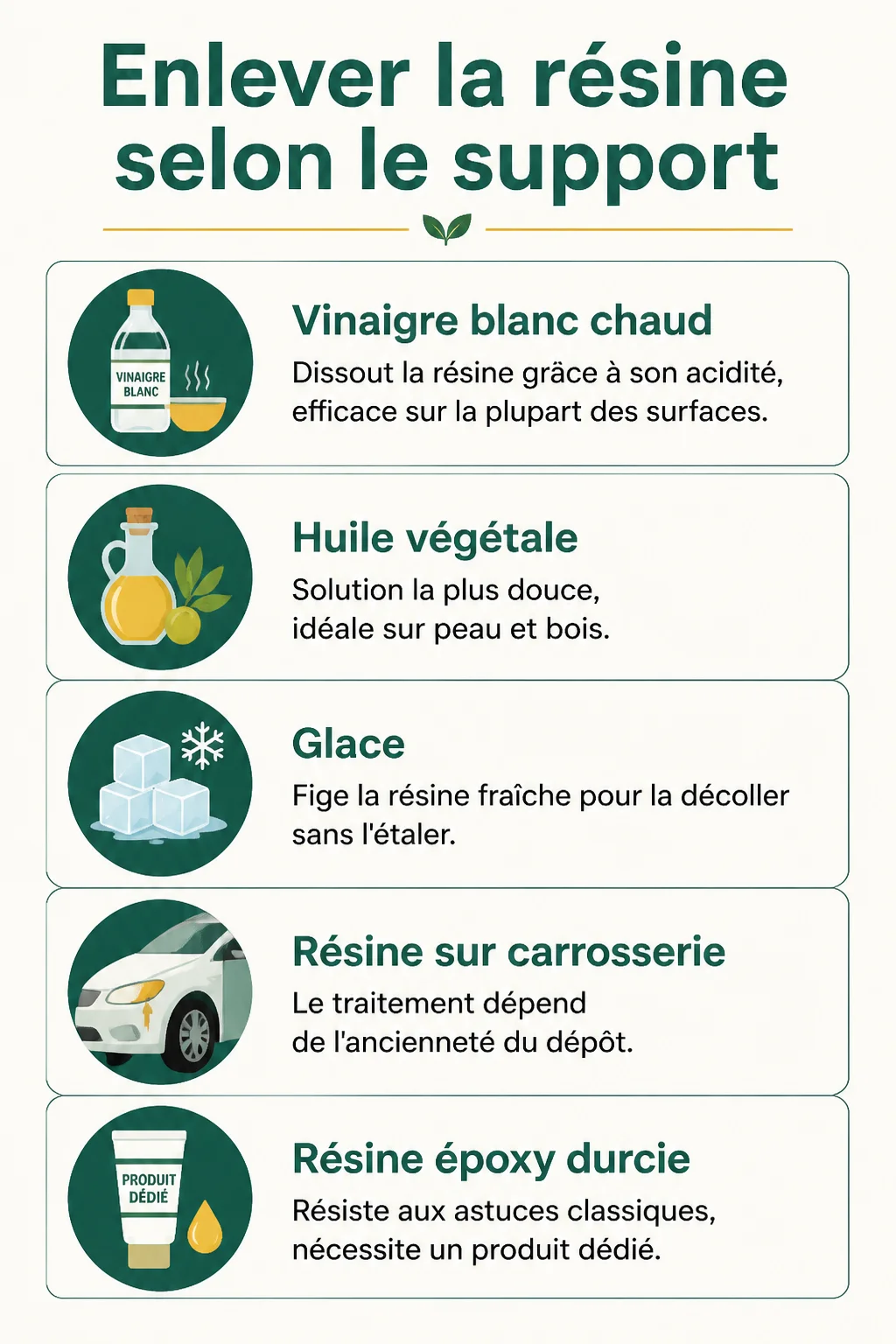 Enlever la résine selon le support : Vinaigre blanc chaud, Huile végétale, Glace, Résine sur carrosserie, Résine époxy durcie