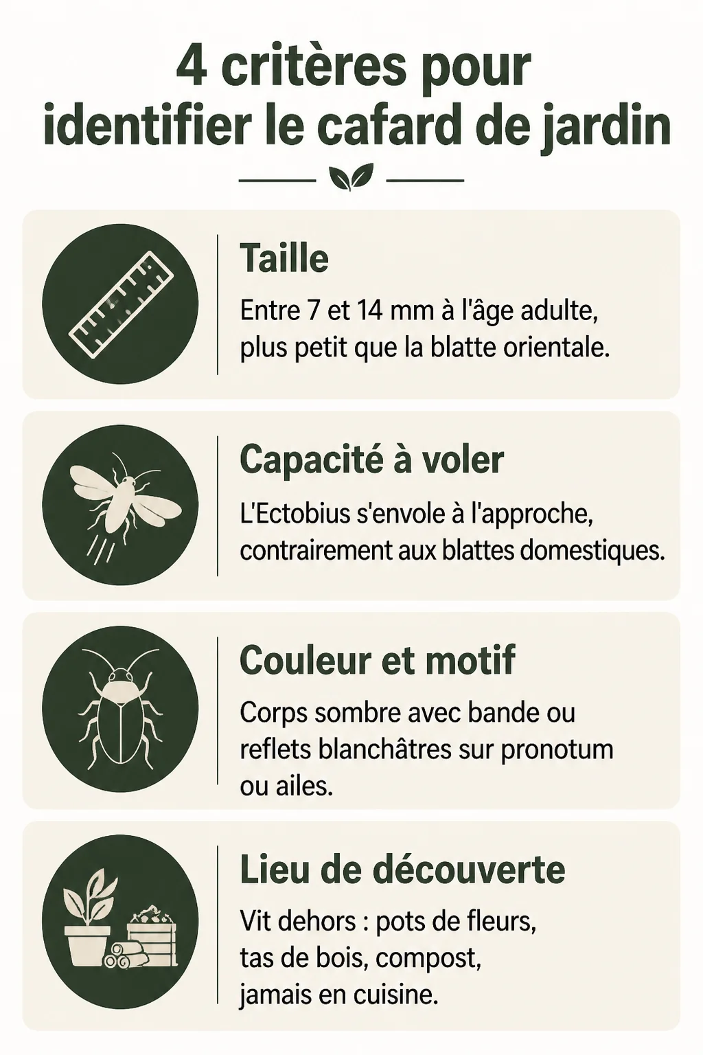 4 critères pour identifier le cafard de jardin : Taille, Capacité à voler, Couleur et motif, Lieu de découverte