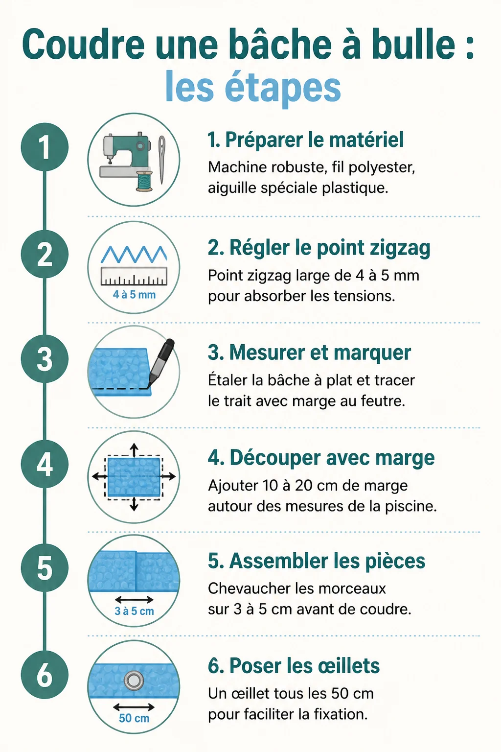 Coudre une bâche à bulle : les étapes : 1. Préparer le matériel, 2. Régler le point zigzag, 3. Mesurer et marquer, 4. Découper avec marge, 5. Assembler les pièces, 6. Poser les œillets
