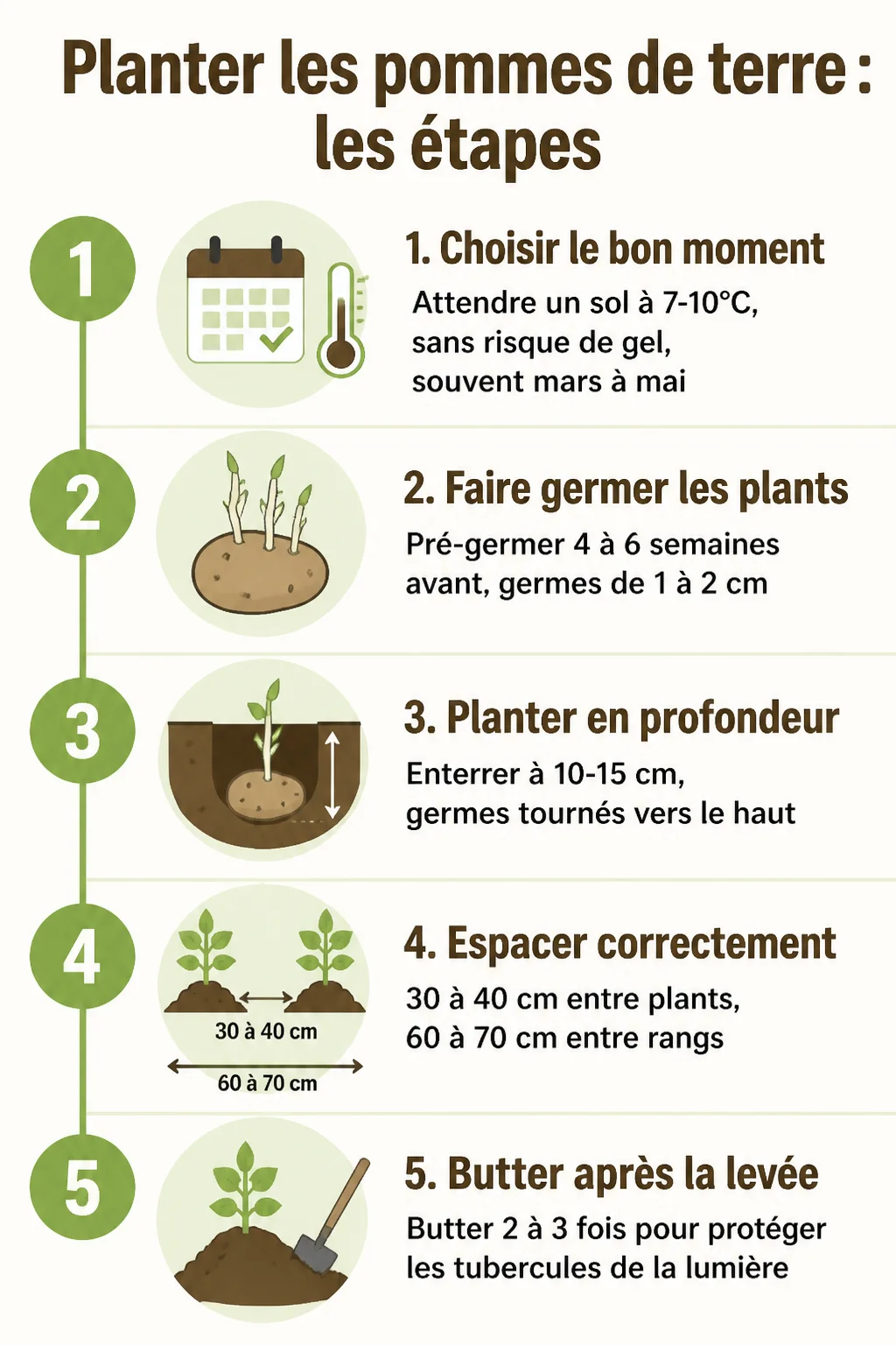 Planter les pommes de terre : les étapes : 1. Choisir le bon moment, 2. Faire germer les plants, 3. Planter en profondeur, 4. Espacer correctement, 5. Butter après la levée